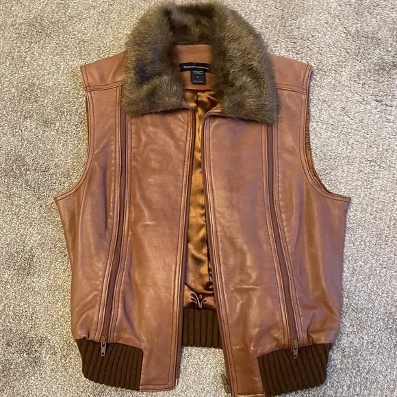 VTG Moda International Brown Leather Vest with Faux Fur Size M Aviator Bomber - Picture 9 of 13